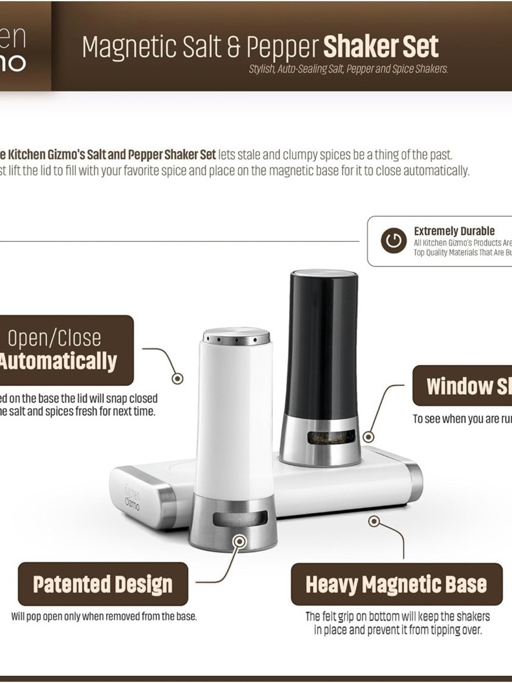 Kitchen Gizmo Magnetic Salt and Pepper Shaker Set White Black Automatic Seal - Picture 2 of 6